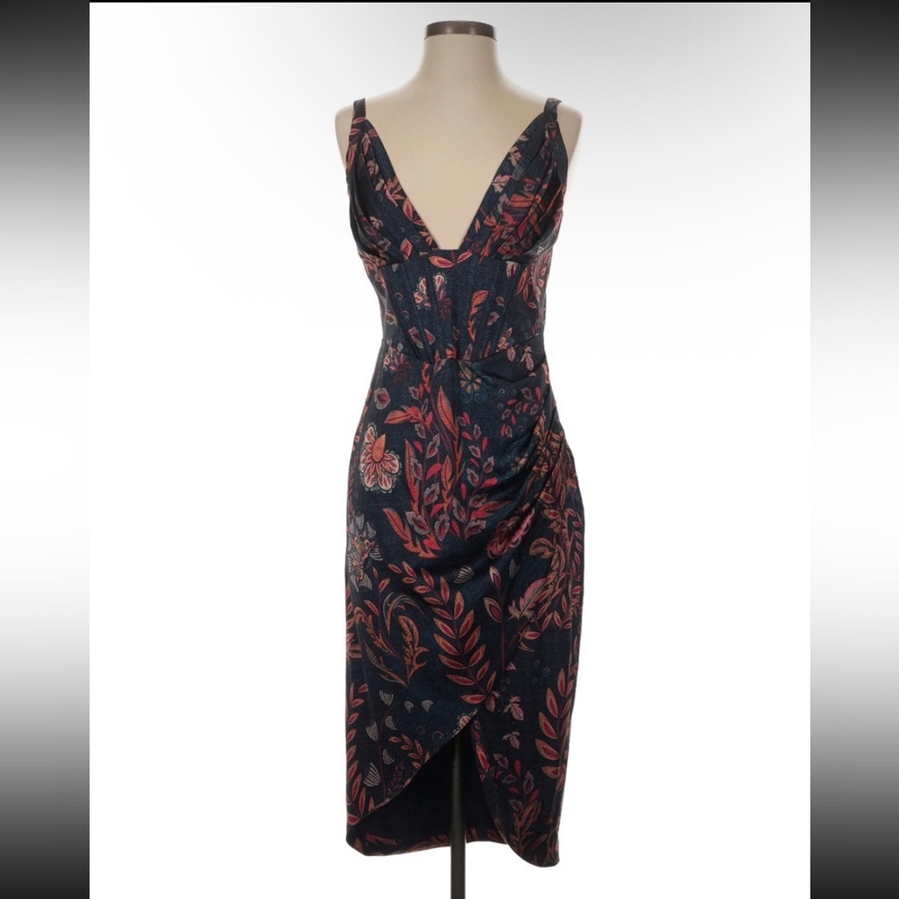 Averie Navy Floral Draped Midi Dress Small Ruched Wrap Front Date Night Cocktail - Picture 2 of 4